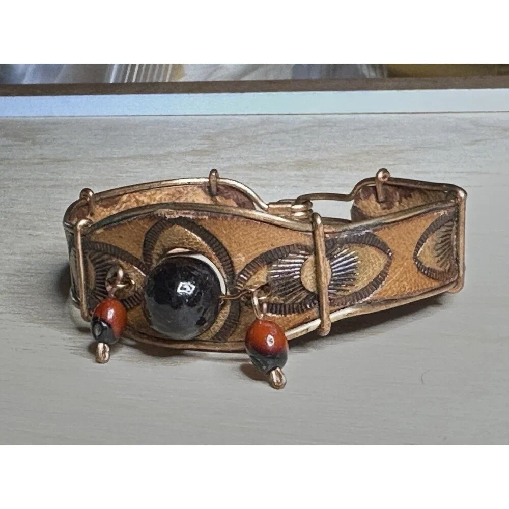 Handmade Artisan Huayruro Seed Leather Copper Wire Bracelet Cuba Bead Dangle